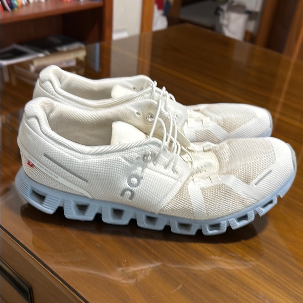 On Running Cloudswift Athletic Shoes in White with Light Blue Soles